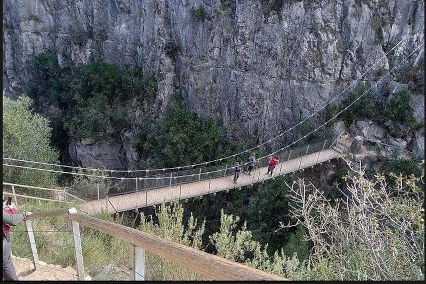 A suspension bridge over a canyon with people walking on it. 2