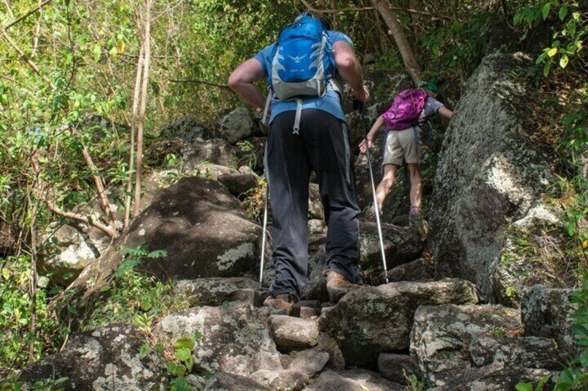 Two hikers navigating a rocky trail in a forested area. 4