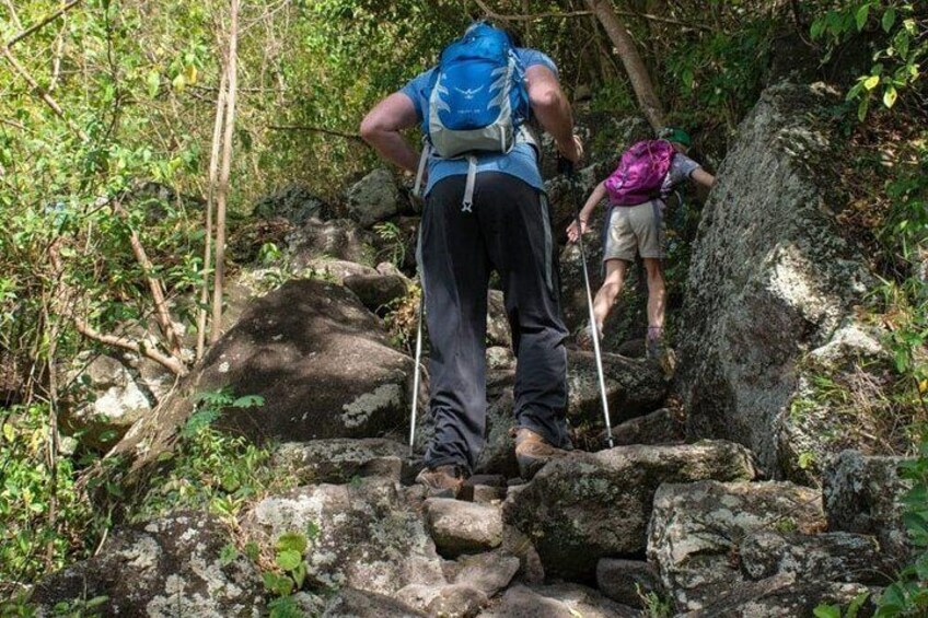 Two hikers navigating a rocky trail in a forested area. 3