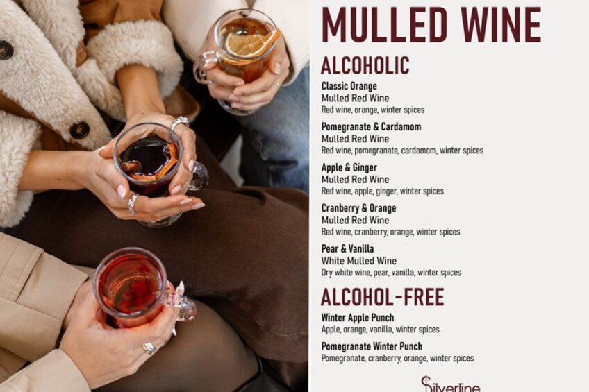 People holding mugs of mulled wine, with a list of alcoholic and alcohol-free mulled wine recipes on the right. 2