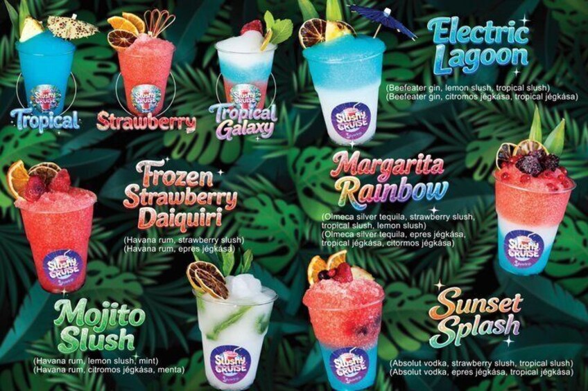 A variety of colorful cocktails with tropical and fruity garnishes. 4