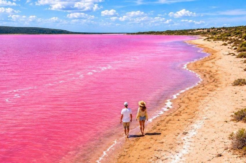 A pink lake, a sandy beach, and two people walking along the shore. 1