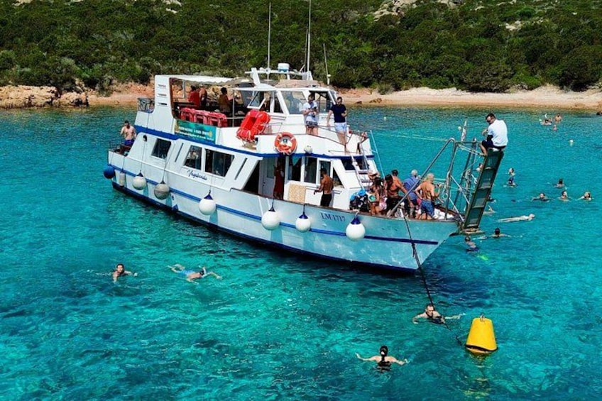 A boat with people on board and swimmers in the water. 1