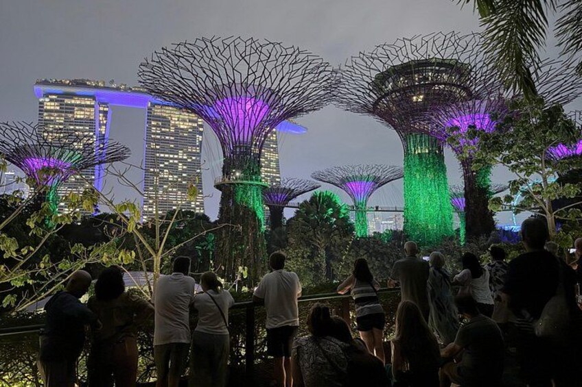 A group of people observing illuminated structures with a city skyline in the background. 5