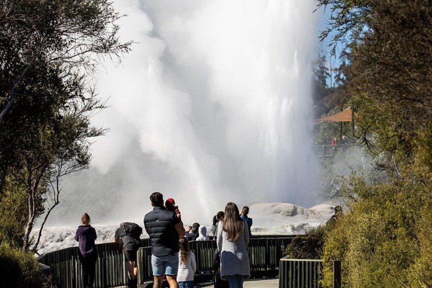 A group of people observing a large geyser eruption. 3