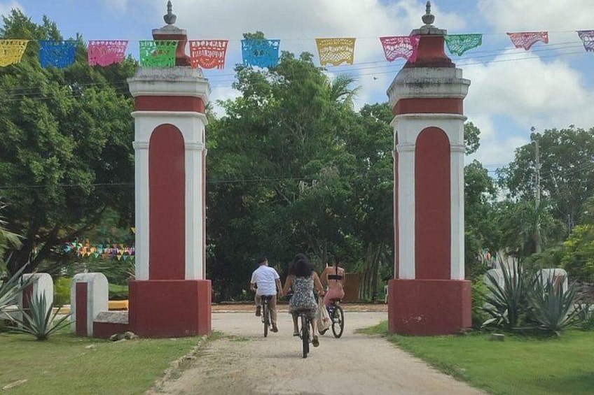 A pathway leading to a gate with two red and white pillars, surrounded by greenery and colorful flags. 3
