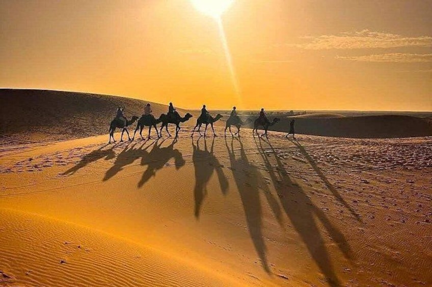 Un groupe de personnes chevauchant des chameaux sur une dune de sable dans le désert, au coucher du soleil. 2
