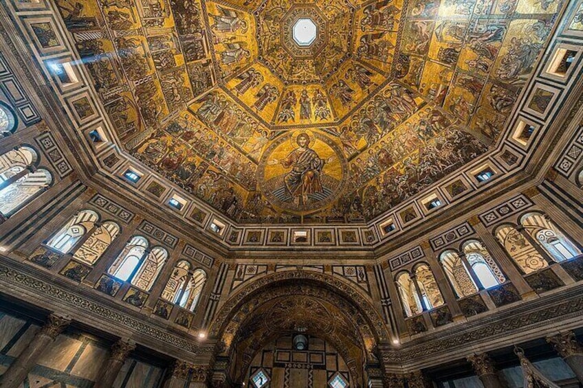 A grand, ornate ceiling with intricate mosaics and architectural details. 3