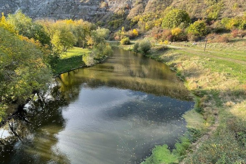 A river meandering through a valley with trees and grass on either side. 4