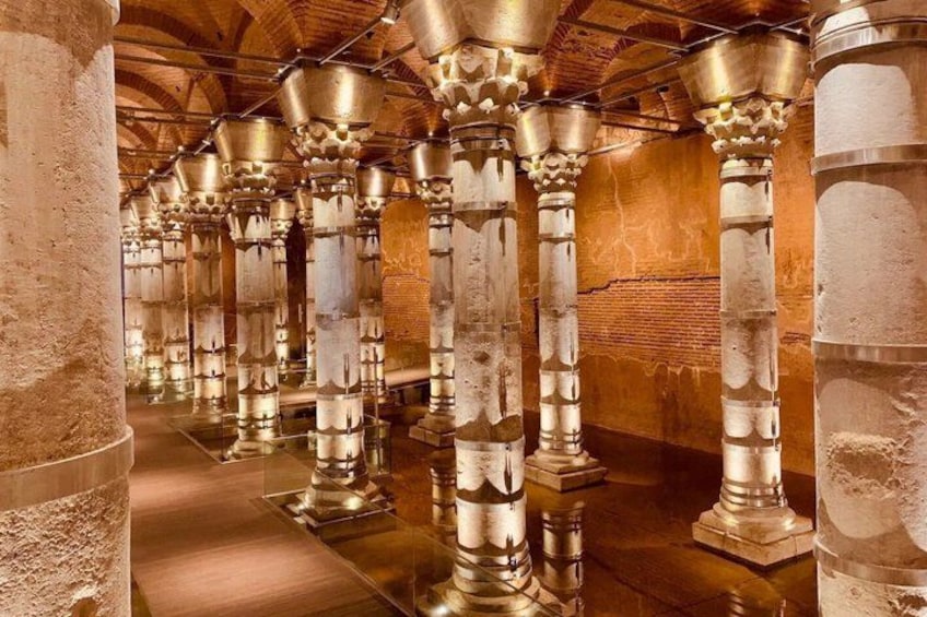 A series of ornate columns in a historical building. 5