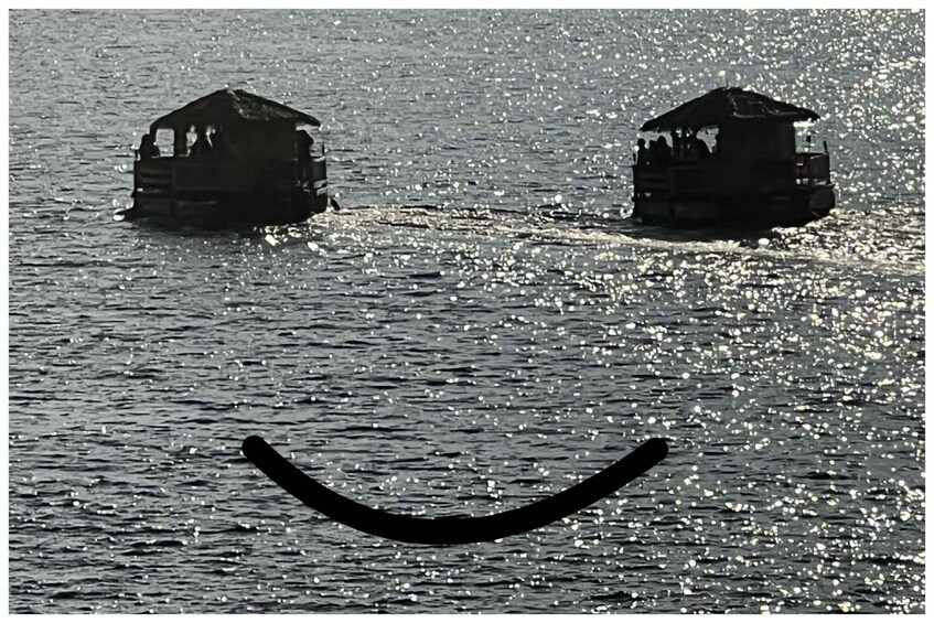 Dos estructuras flotantes sobre el agua, con una línea curva al frente. 3