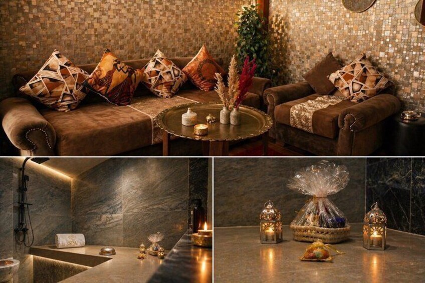 A cozy lounge with a patterned wall, a brown sofa with decorative pillows, a round coffee table, and a small plant. 5