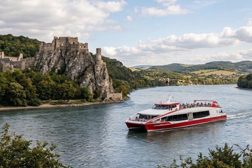A river with a castle on a hill, a red and white boat, and a clear sky. 1