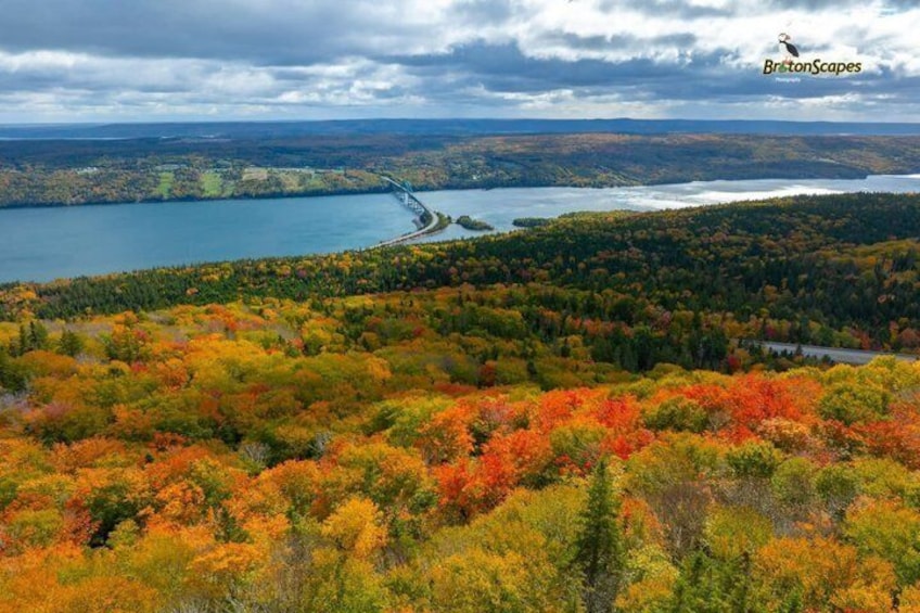 Ein See, umgeben von herbstlich gefärbten Bäumen und einer Brücke. 5