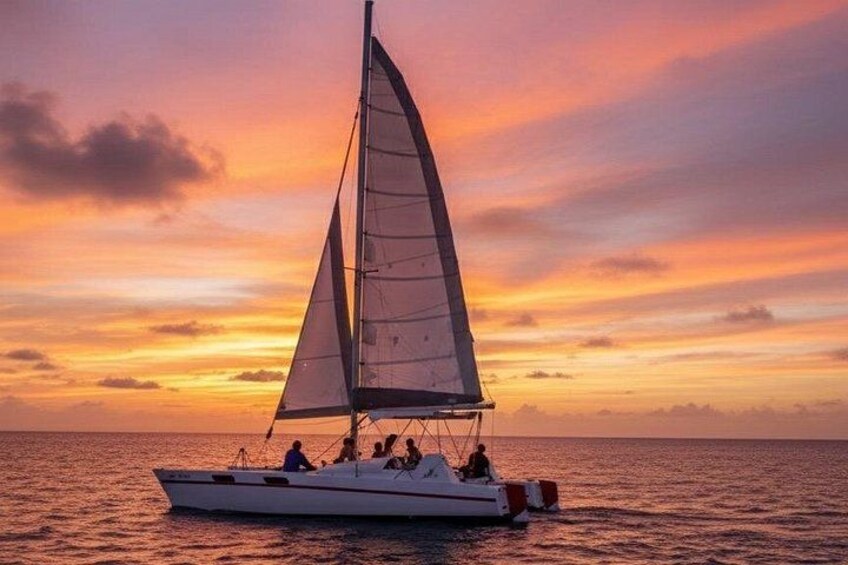 A sailboat on calm waters during sunset. 1