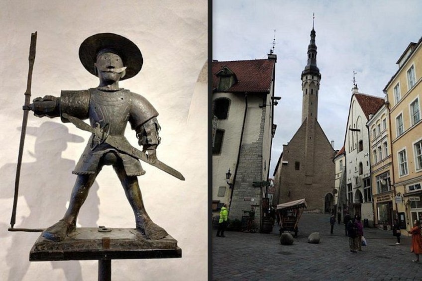 Een middeleeuwse knikkersstandbeeld en een historisch kerkgebouw met een hoge toren. 2
