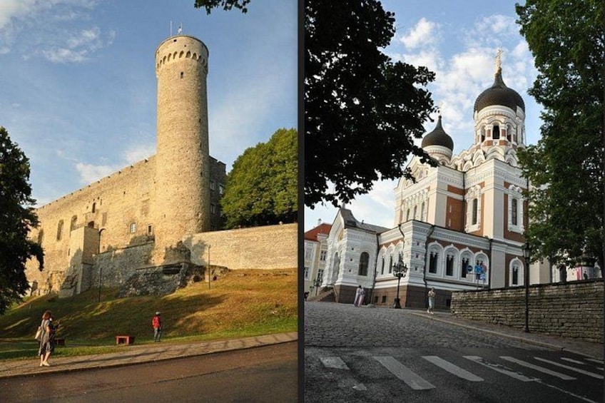 Een historisch kasteel met een hoge toren en een kerk met koepels. 1