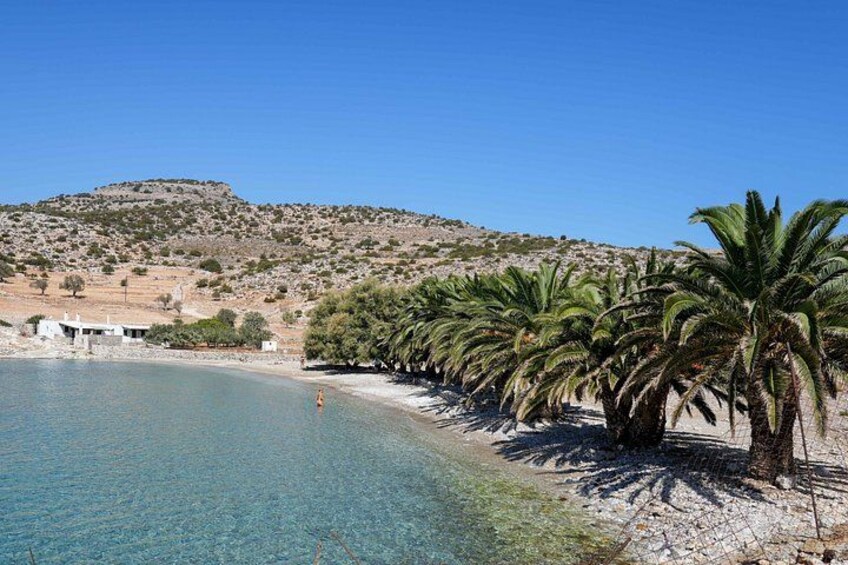 A clear blue sea, a sandy beach, palm trees, and a rocky hill in the background. 4