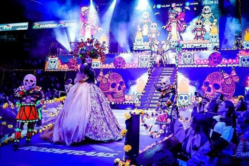 Un escenario con un artista vestida de rosa, decoraciones de calaveras y un fondo con calaveras y flores. 5