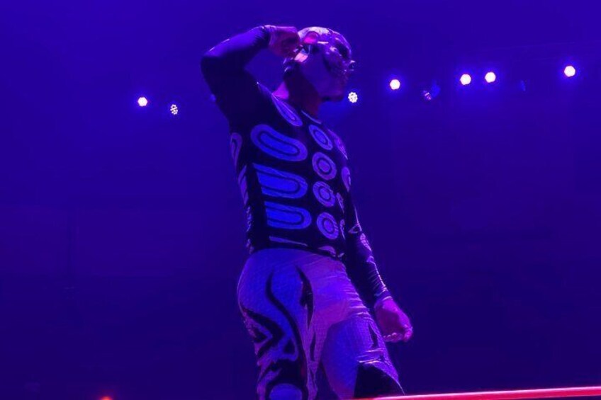 Una persona en el escenario, vestida con un atuendo estampado, iluminada por luces de escenario. 3