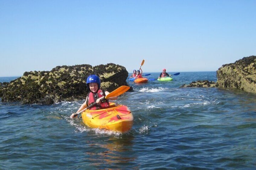 People kayaking on a calm sea with rocky outcrops. 4
