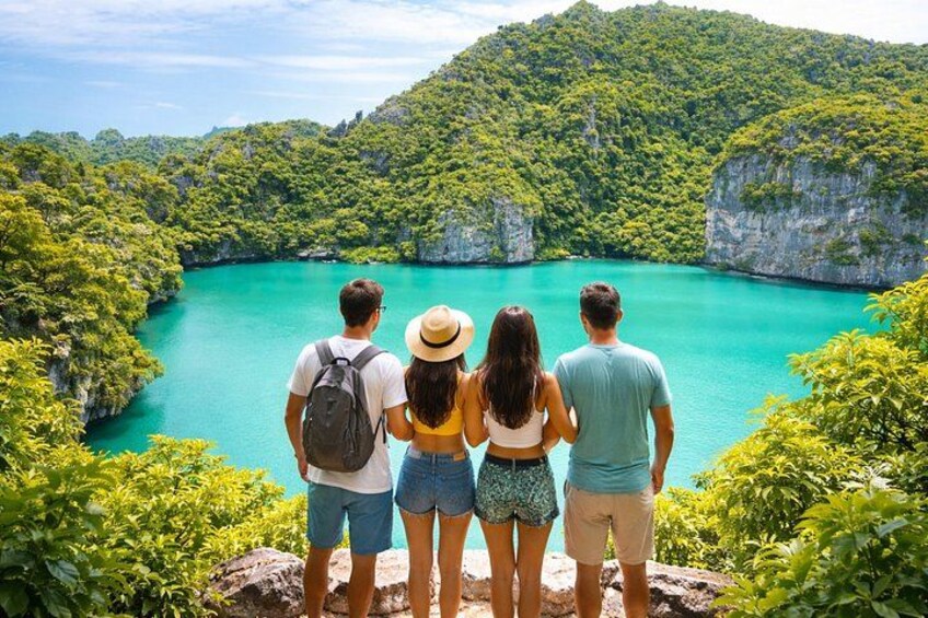 A group of people standing on a rocky outcrop overlooking a turquoise bay surrounded by lush green hills. 2
