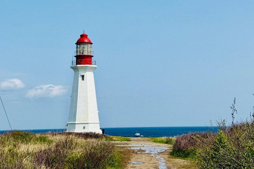 A white lighthouse with a red top, a clear sky, and the ocean in the background. 5