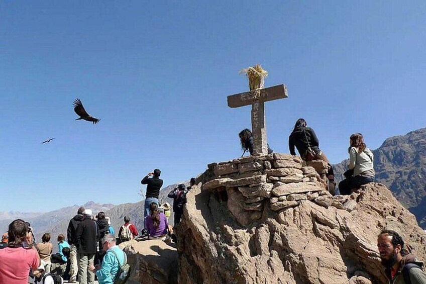 A group of people on a rocky outcrop with a cross, mountains in the background, and a bird flying. 5