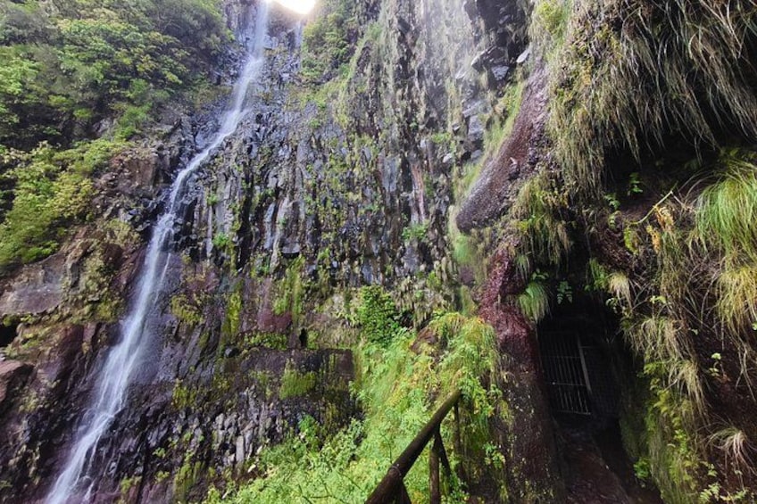 Een waterval stort neer over een rotswand, omringd door weelderige vegetatie. 2