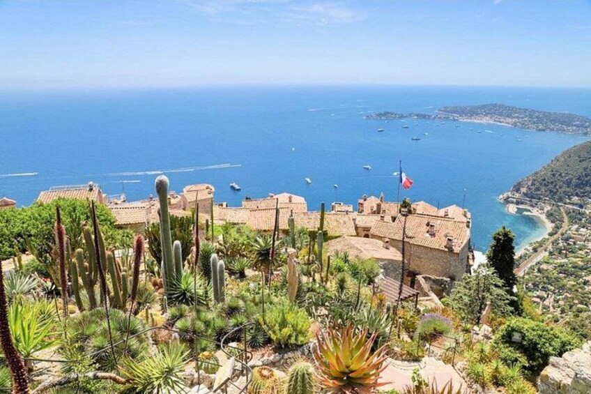 A coastal landscape with a building, cacti, and the sea. 1