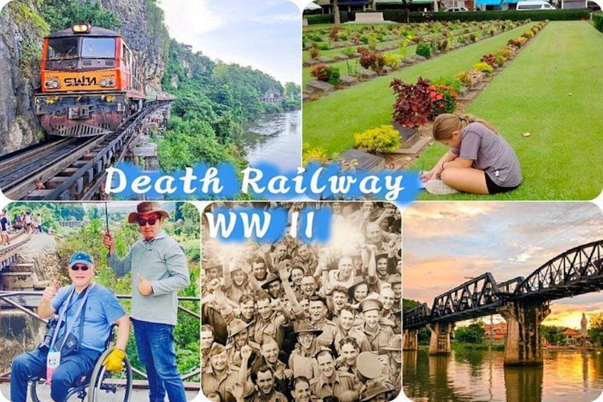 A train on tracks, a cemetery, a bridge, and people. 1
