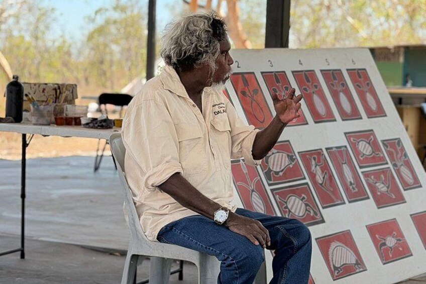 A person sitting on a stool, gesturing towards a display board with numbered sections. 3