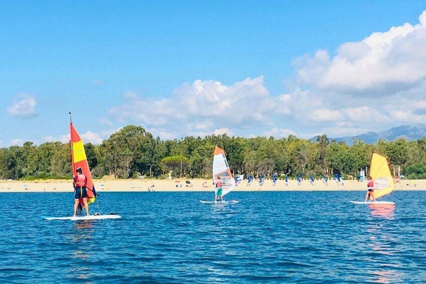 Tre personer windsurfende på et roligt hav med en strand og træer i baggrunden. 1