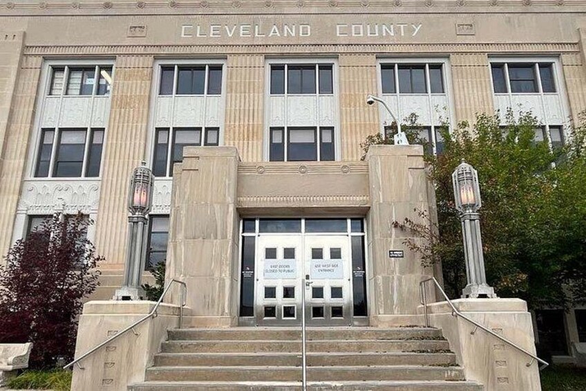 A building with the sign 'Cleveland County' at the top. 2