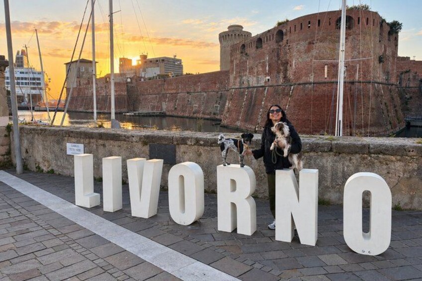 A person with a dog in front of a large fort-like structure with the word 'LIVORN' spelled out in large letters on the ground. 2