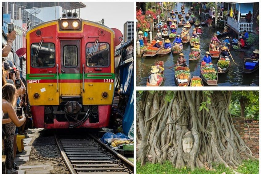 A colorful train, a crowded canal with boats, and a large tree with extensive roots. 1