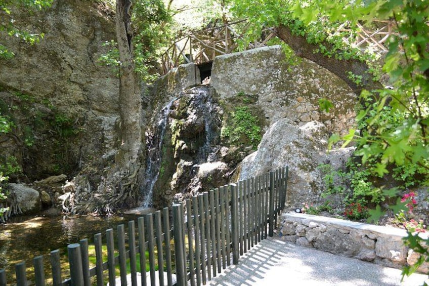 Un puente de madera sobre un pequeño arroyo, rodeado de rocas y follaje. 3