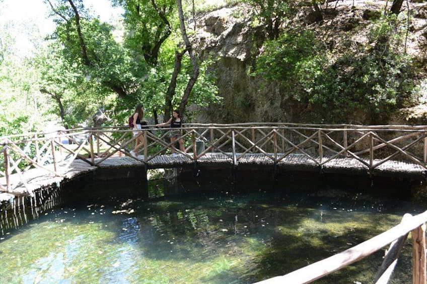 Un puente de madera sobre un cuerpo de agua transparente, con gente caminando. 5