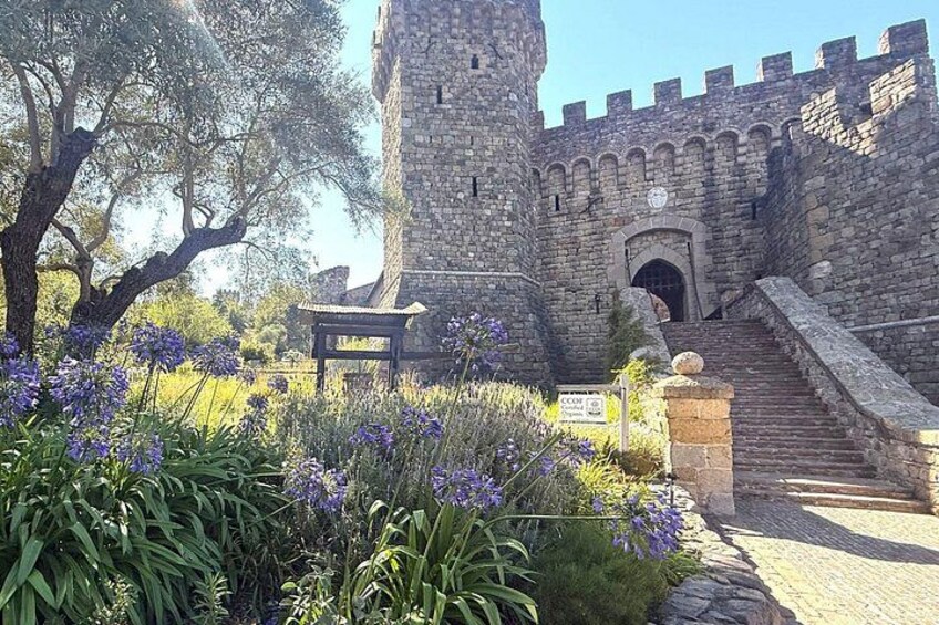 A medieval castle with stone walls, a gate, and a staircase leading up to the entrance. 5