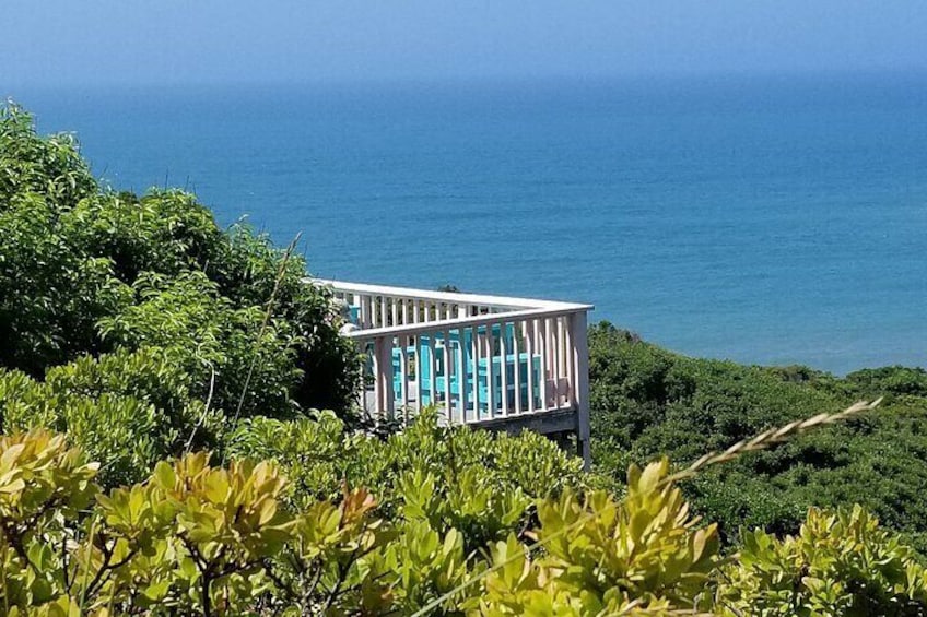A coastal house with turquoise accents, surrounded by lush greenery and overlooking the ocean. 1
