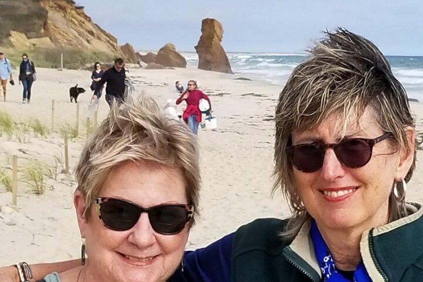 A beach with people walking, a dog, and a large rock formation in the background. 3
