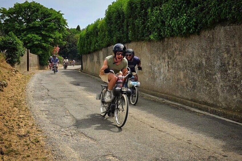 A group of cyclists on a paved road with a concrete wall on one side and a grassy area on the other. 2