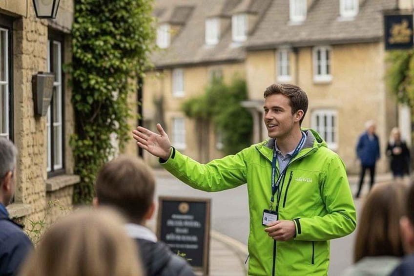 A person in a bright green jacket gesturing to a group of people. 3