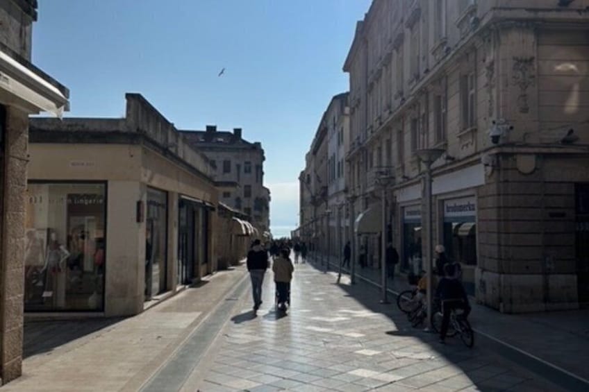 Une rue piétonne bordée de boutiques et d’immeubles. 4
