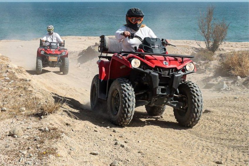 Twee personen rijden op rode quadbikes op een zanderig strand, met de zee op de achtergrond. 4