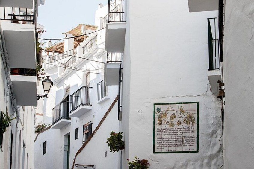 Una calle estrecha con edificios blancos, un mural y plantas colgantes. 5