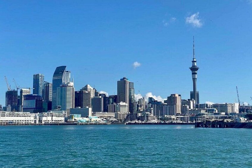 Un horizonte urbano con edificios modernos, una torre destacada y una ribera. 1