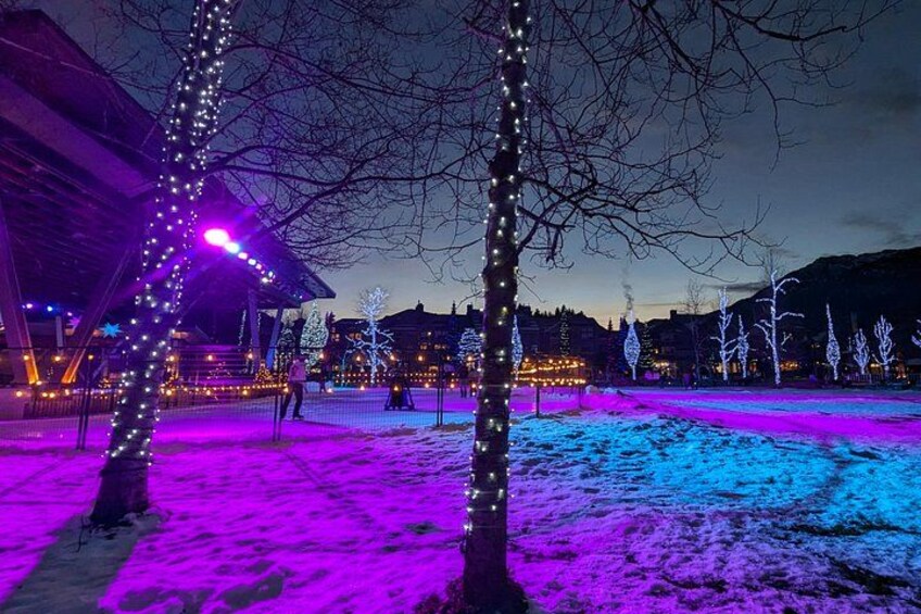 A snowy park with illuminated trees and buildings at dusk. 5