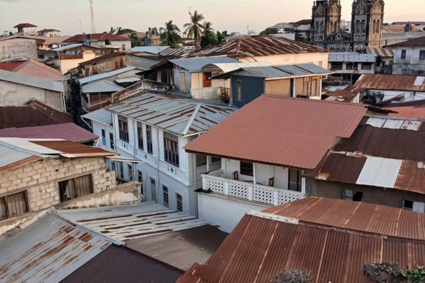 A densely packed urban area with a mix of residential buildings, some with metal roofs and others with tiled roofs. A prominent church with two towers is visible in the background. 3