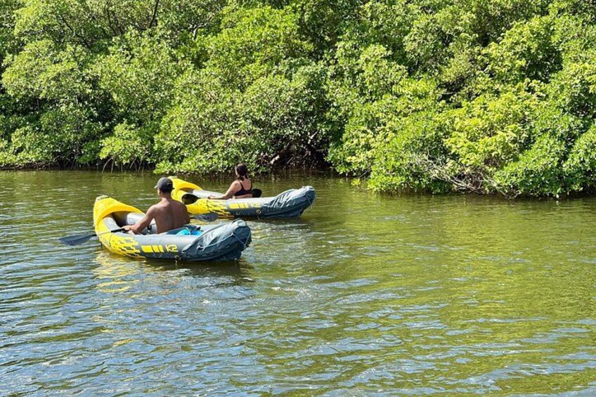 Two people in inflatable rafts on a river surrounded by dense greenery. 3